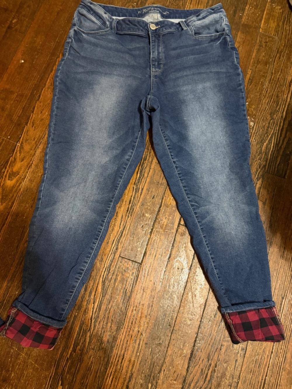 Maurices Dark Blue Jeggings with Red Plaid Cuffs